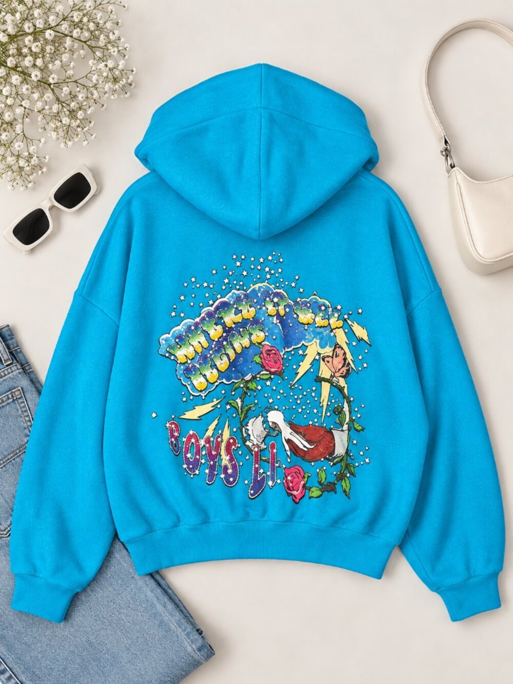 Boys Lie OSO Turquoise Blue Graphic Hoodie Cherub Angel Oversized Cropped